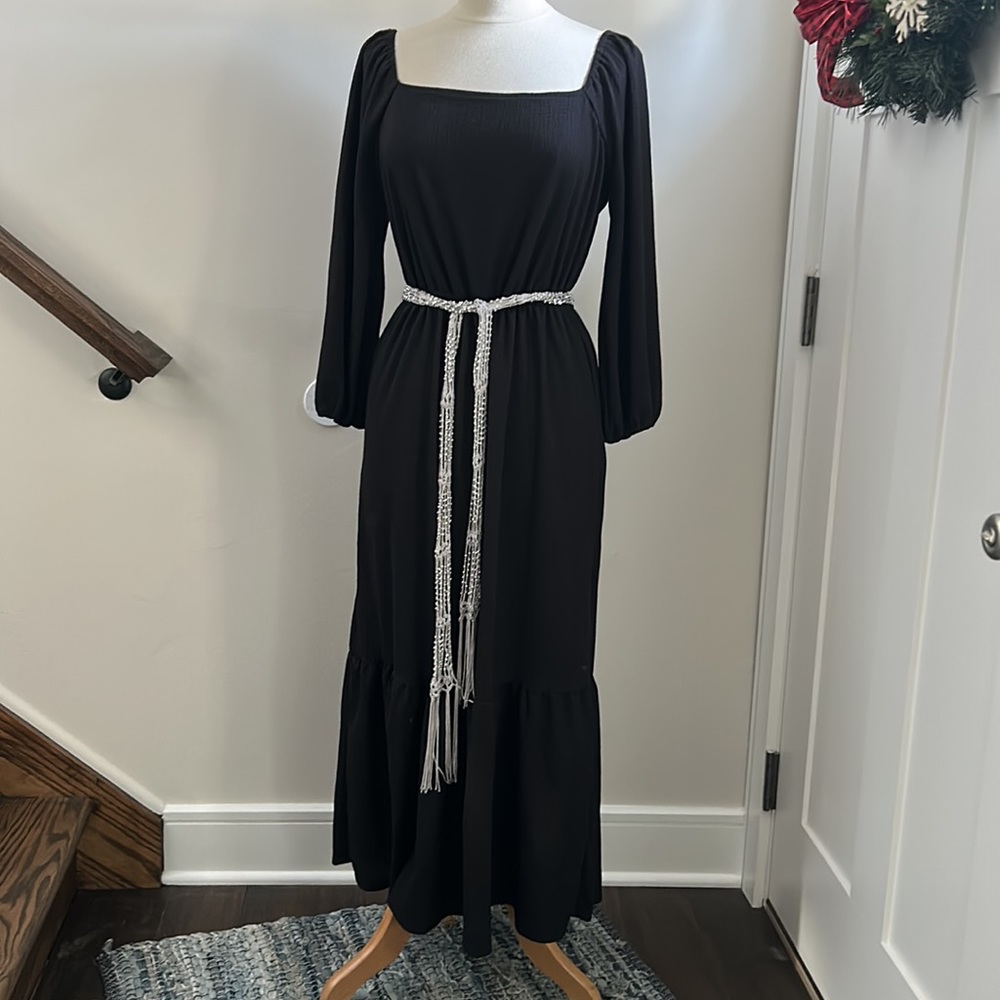 Solid Black Boho Square Neck Long Sleeve Flounce … - image 2